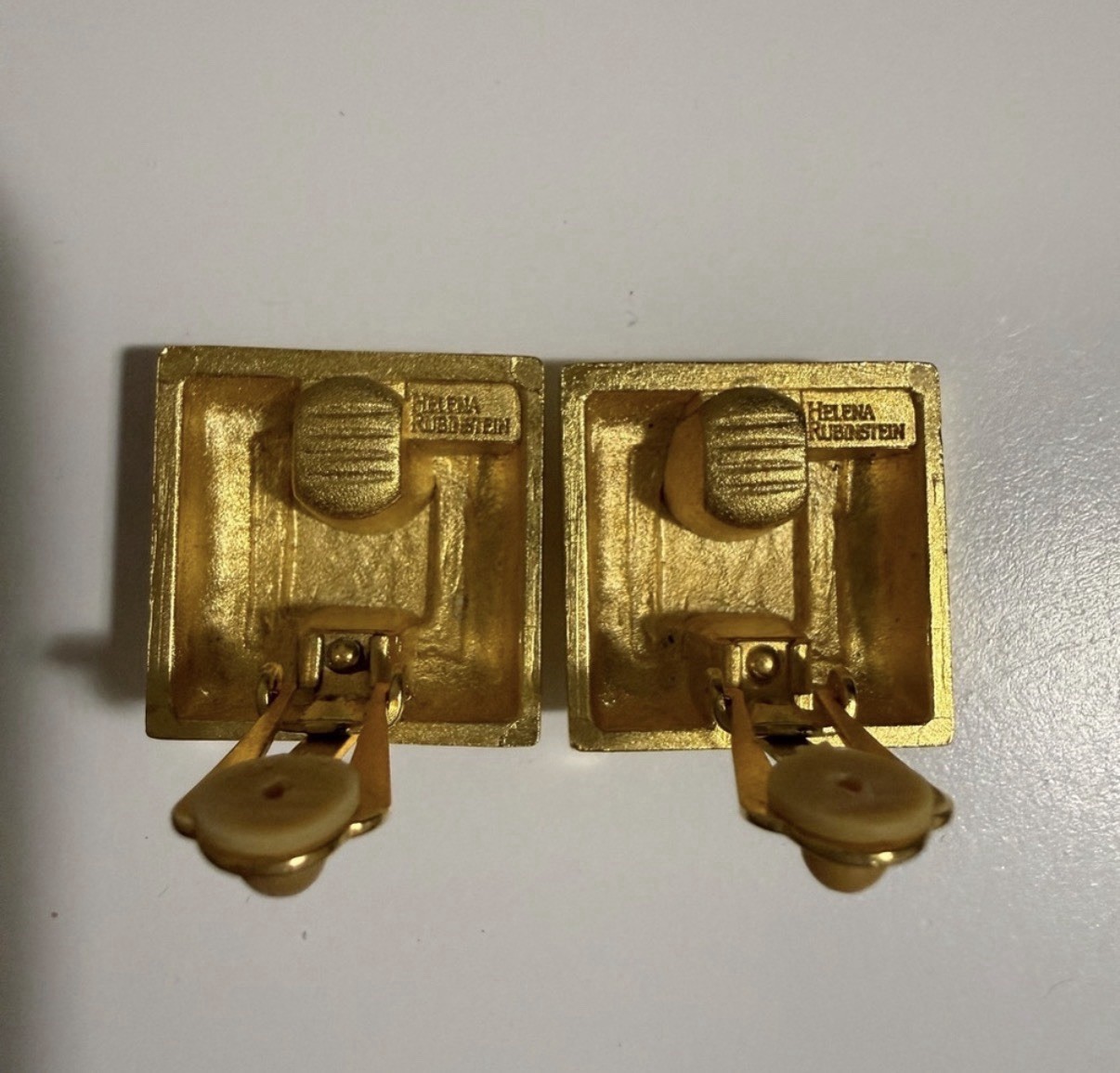 Helena Rubinstein Signed Vintage Gold Tone Square Stud Clip-On Earrings, Metal