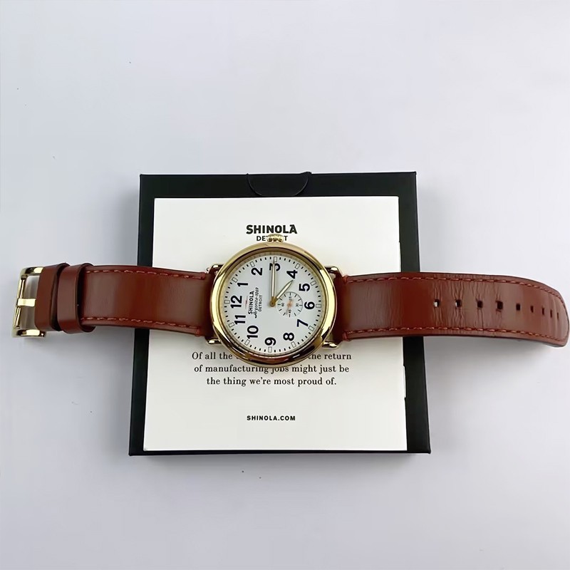 Men Shinola Runwell Argonite 1069 White Dial Gold Case Quartz Watch 47mm Leather