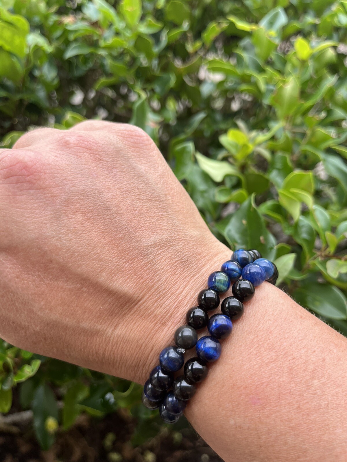 Blue Tiger’s Eye & Obsidian Beaded Bracelet, 8mm, Single Bracelet