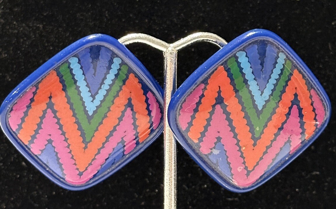 Vintage 80s Square Acrylic Lucite Blue Multi-Color Chevron Pieced Earrings