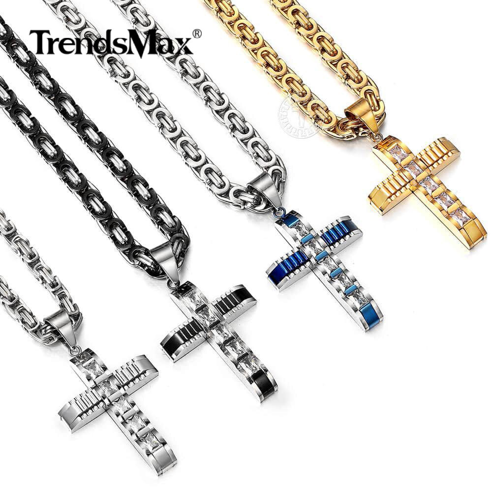 18-30“ Stainless Steel CZ Rhinestone Cross Pendant Necklace Flat Byzantine Chain
