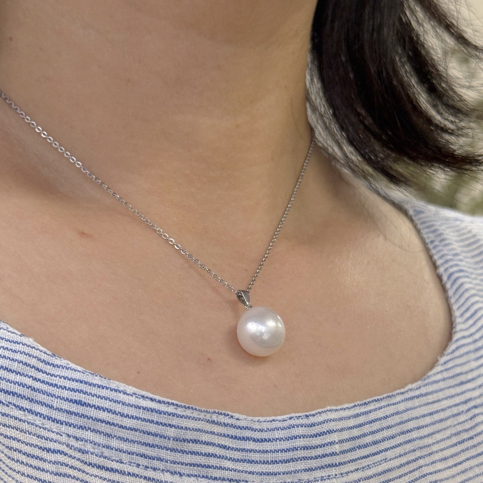Big 12.3mm White Drop Australian South Sea Pearl Pendant 18K White Gold,0.8″