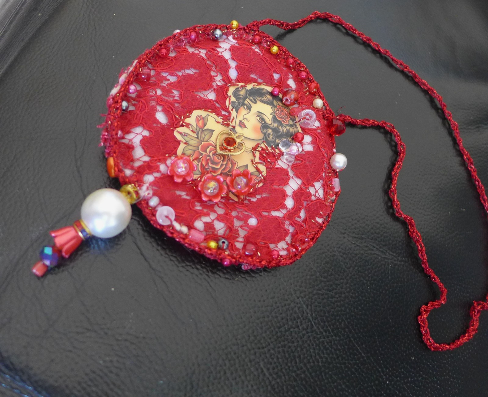 Handmade Crocheted art Necklace Cotton Fabrics embroidered crocheted+ Beads