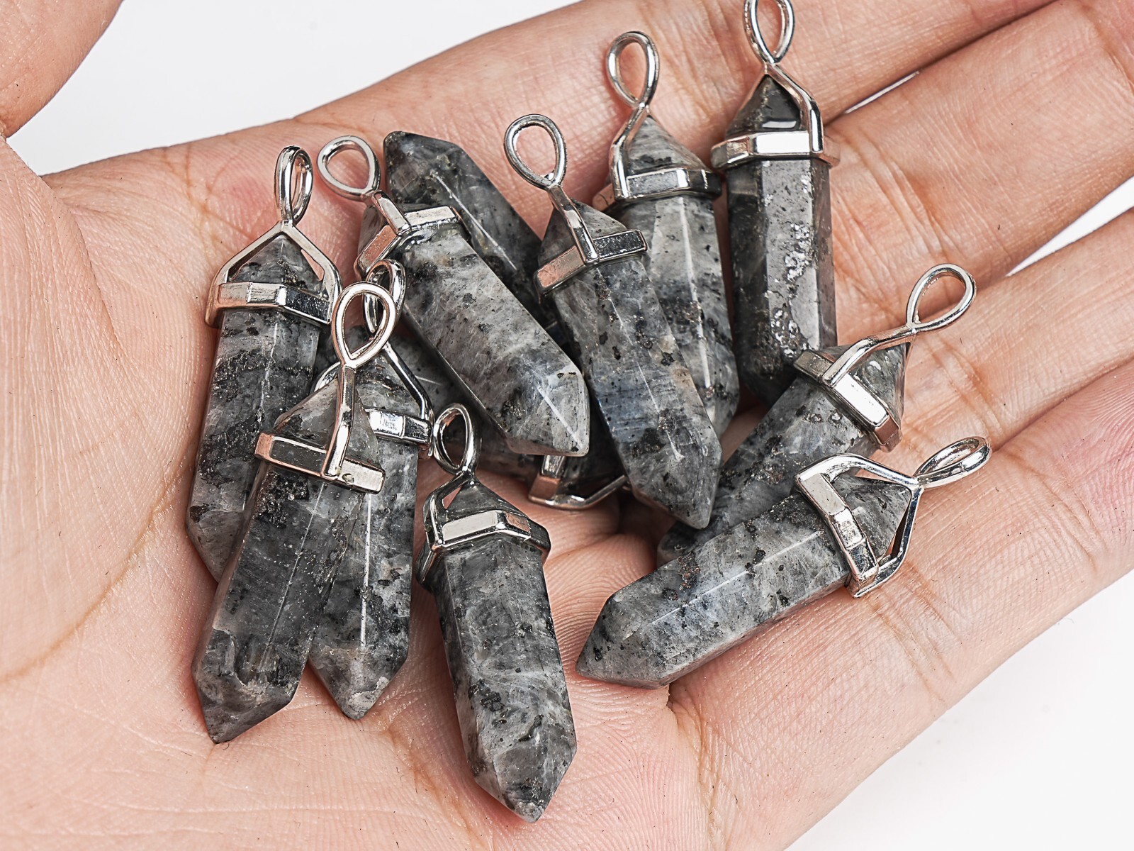 2 Pcs 33x8MM Larvikite Hexagonal Pointed Pendant Grade A Silver Plated Cap