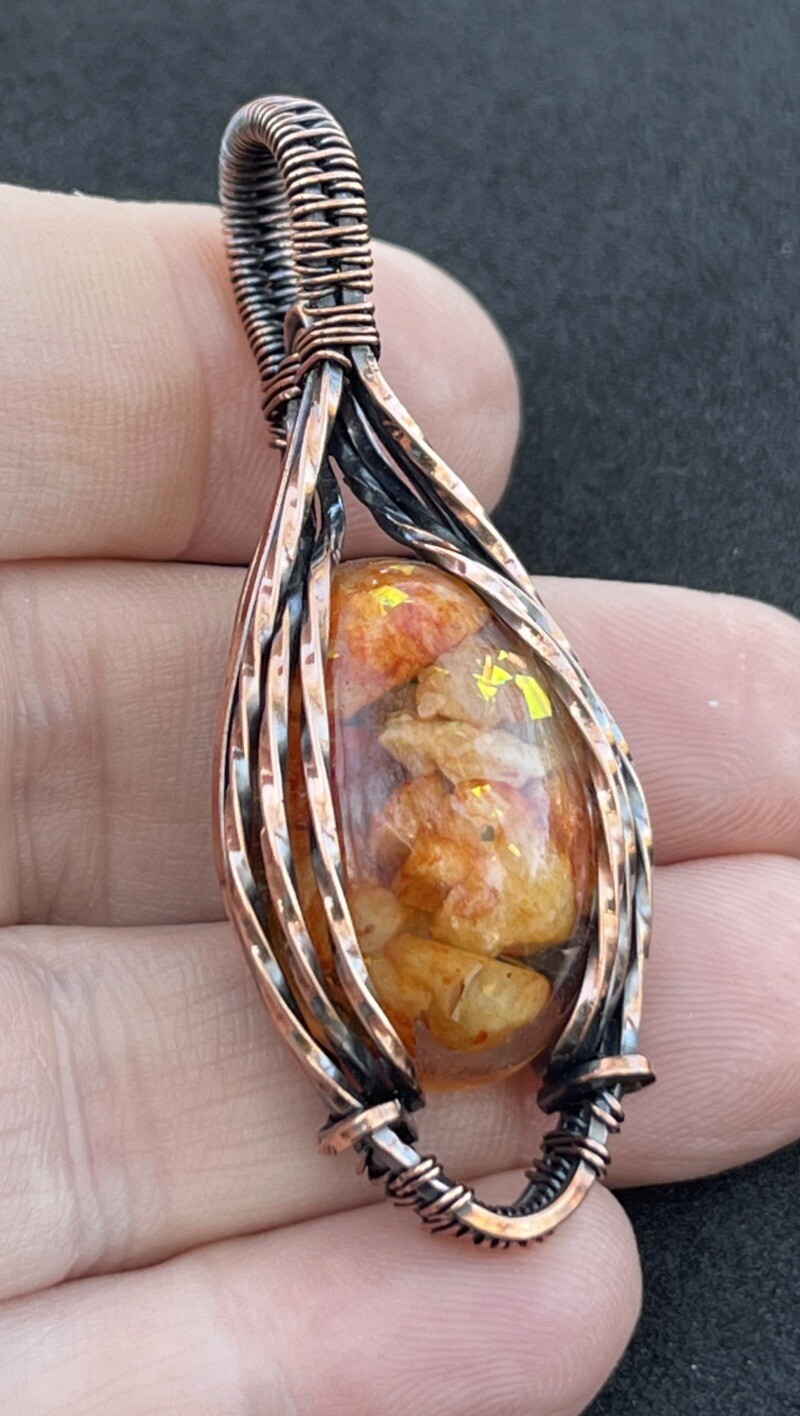 Orange Calcite (in resin)~ Handmade copper wire wrapped pendant 10b