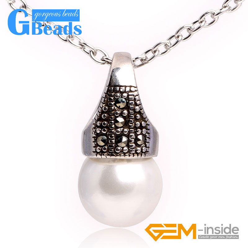 12mm round beads Marcasite silver pendant 12x24mm FREE gift box + necklace chain