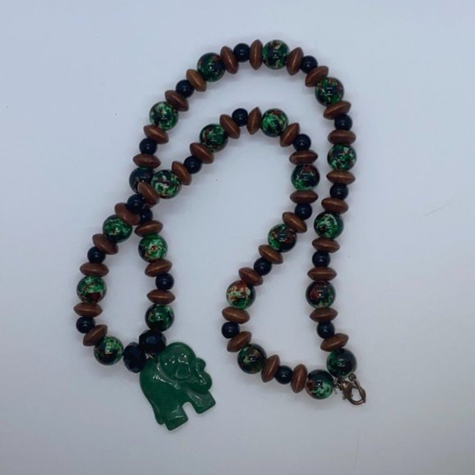 Handmade Beaded Black Brown Green Elephant Necklace