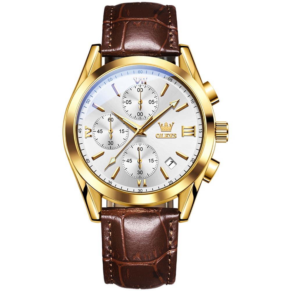 OLEVS 2872 Luminous Multifunctional Male Leather Top Quality Quartz Watches
