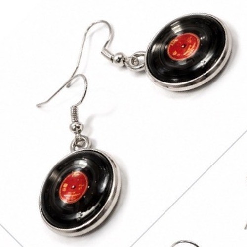 Retro Vinyl Record Dangle Earrings Black Red Music Lover Jewelry Silver Tone
