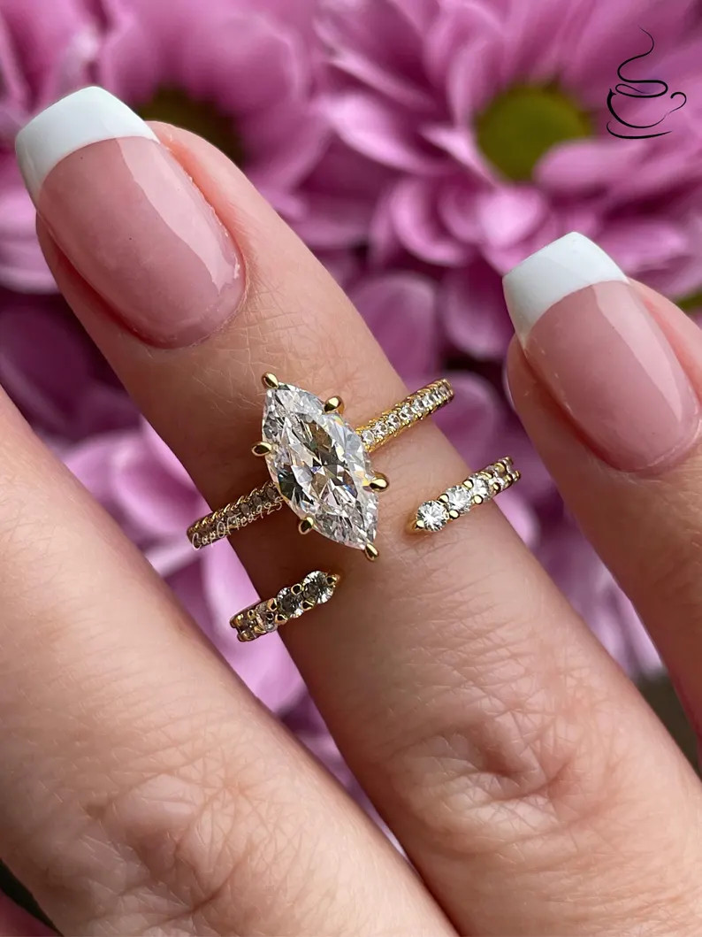 1.5ct Marquise Cut CZ Bridal Set, Yellow Gold Silver 925