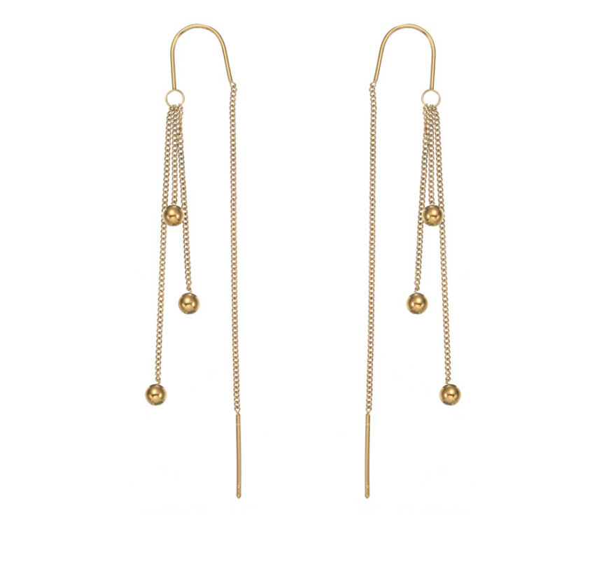 Women Threader Gold Balls Pull Though Earrings Stainless Steel Fashion Drop PE9