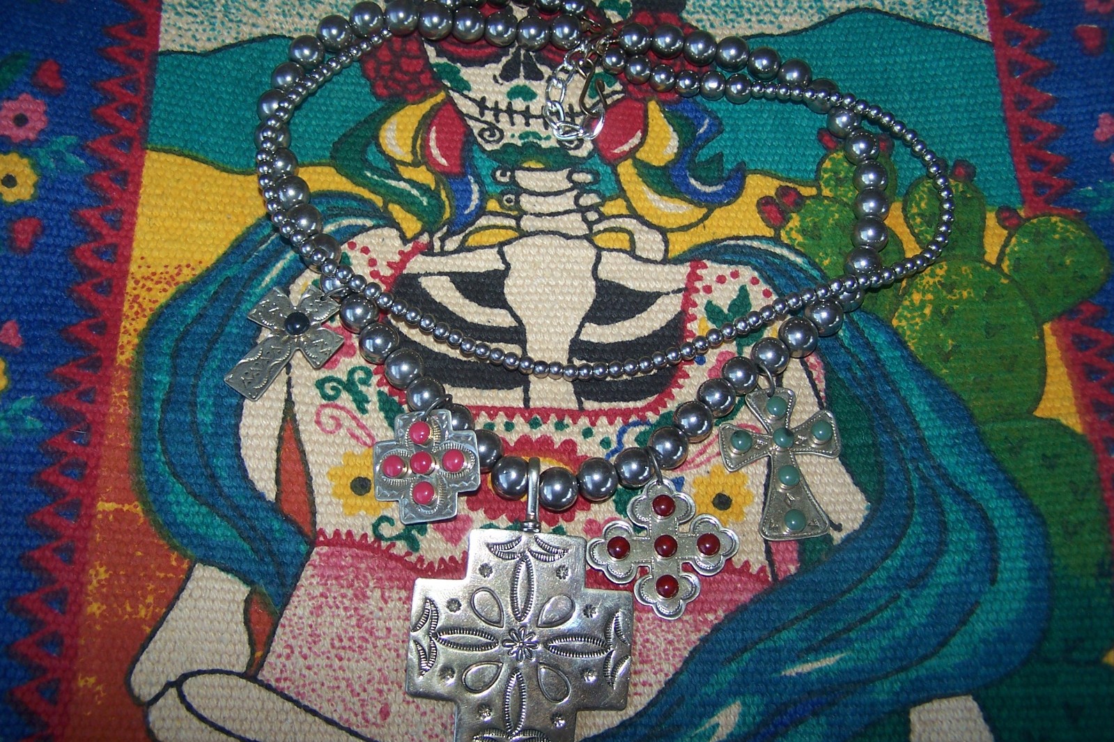 SISSIE AND ME Western Beaded Silver Turquoise Cross Charm Treasure Necklace
