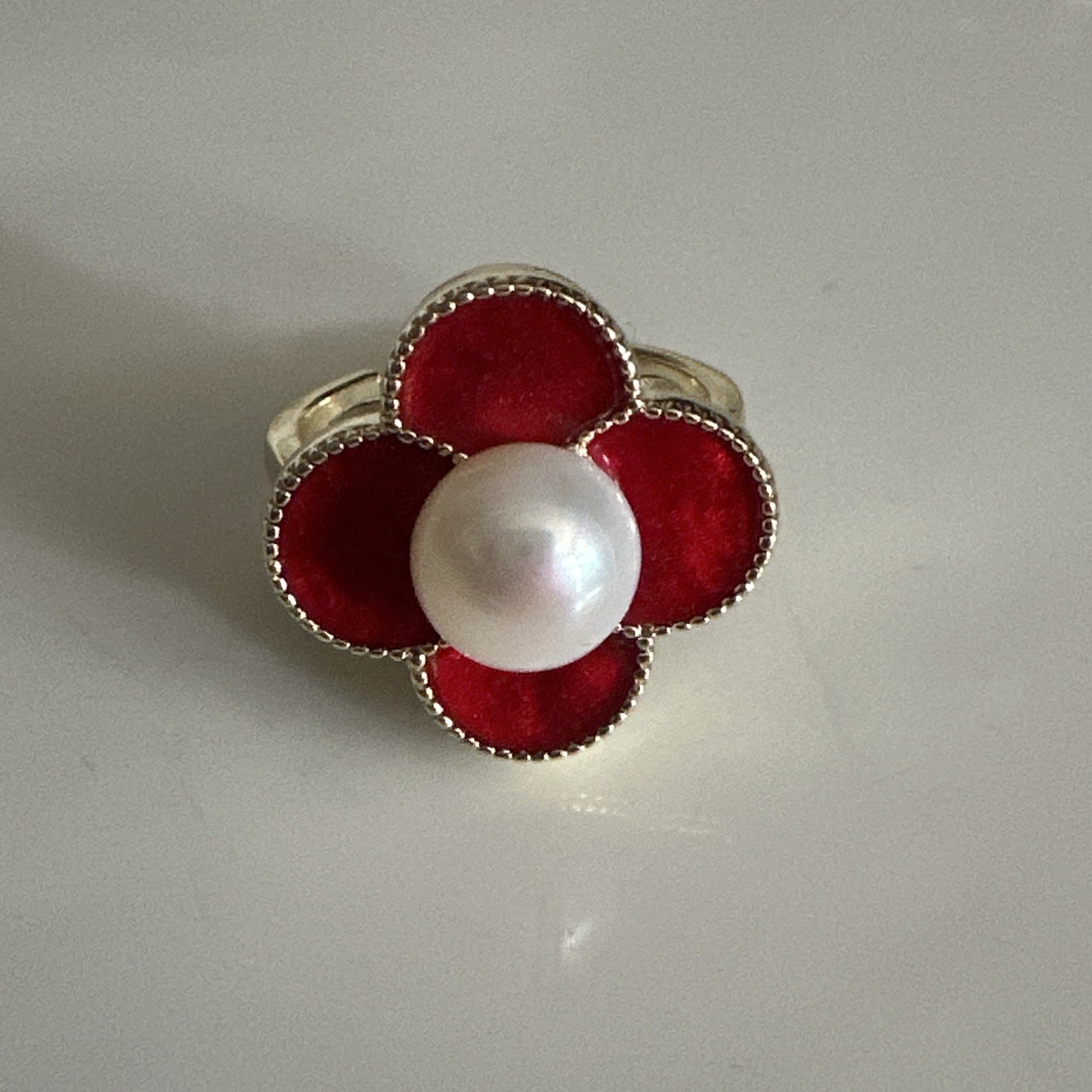 Red Flower Cocktail Ring with 8mm Round White Pearl Center In Gold Tone Setting