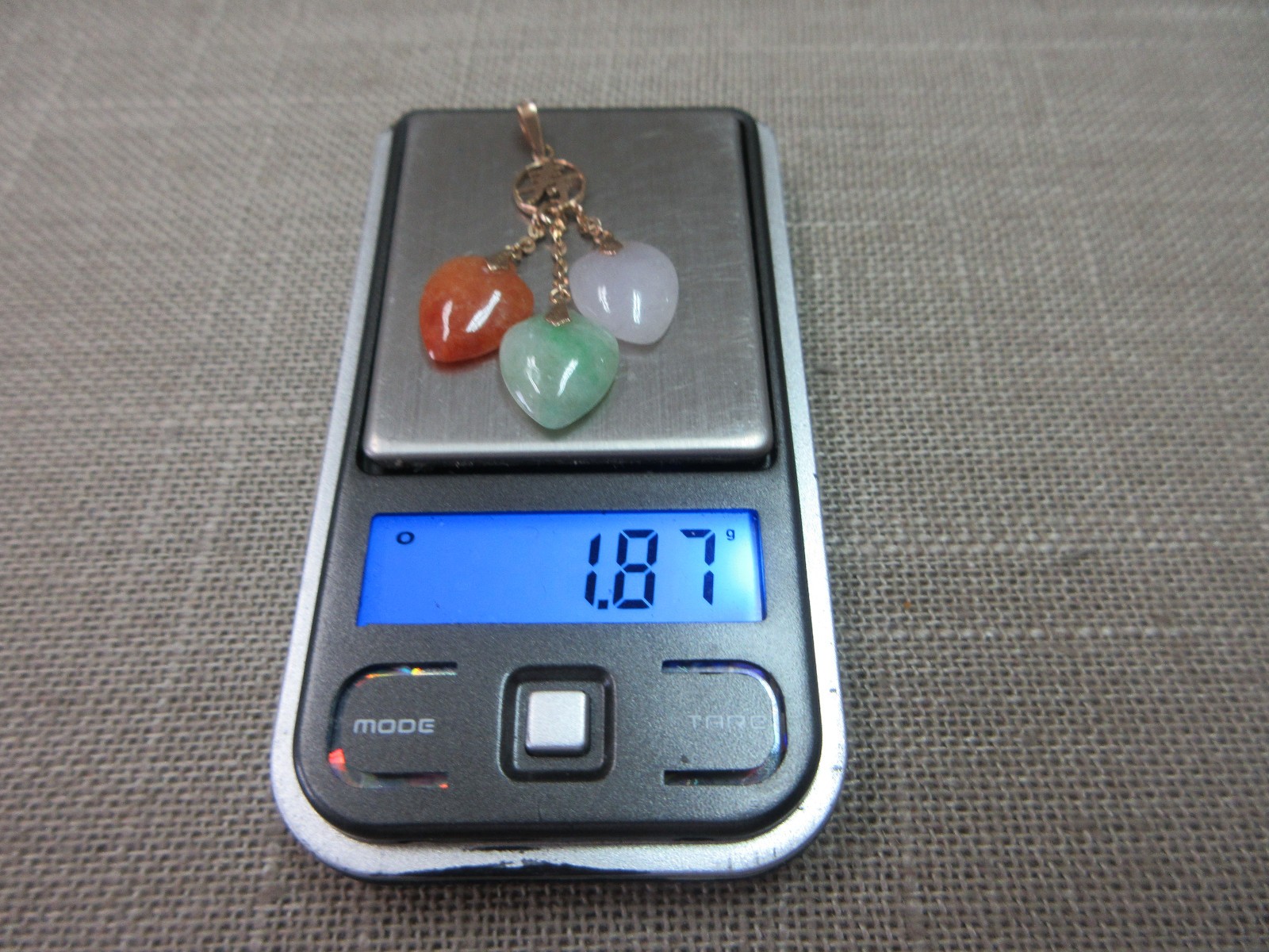 14k Solid Y. Gold Green Brown Lavender Jadeite Jade 3 Heart Pendant Longevity