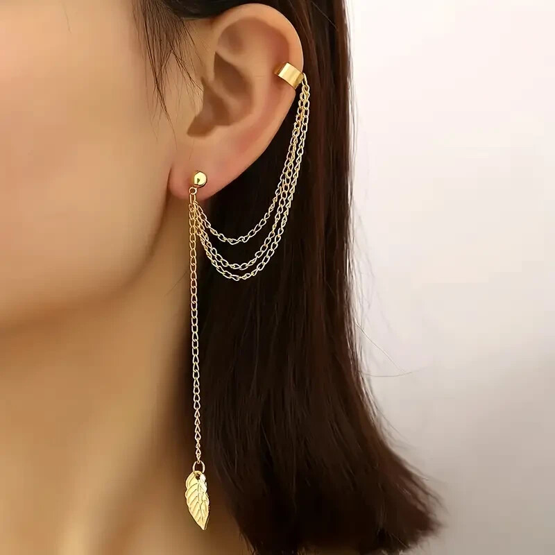 Unique Stylish Long Leaf Tassel Bajoran Earrings Long Chain Tassel Metal Fashion