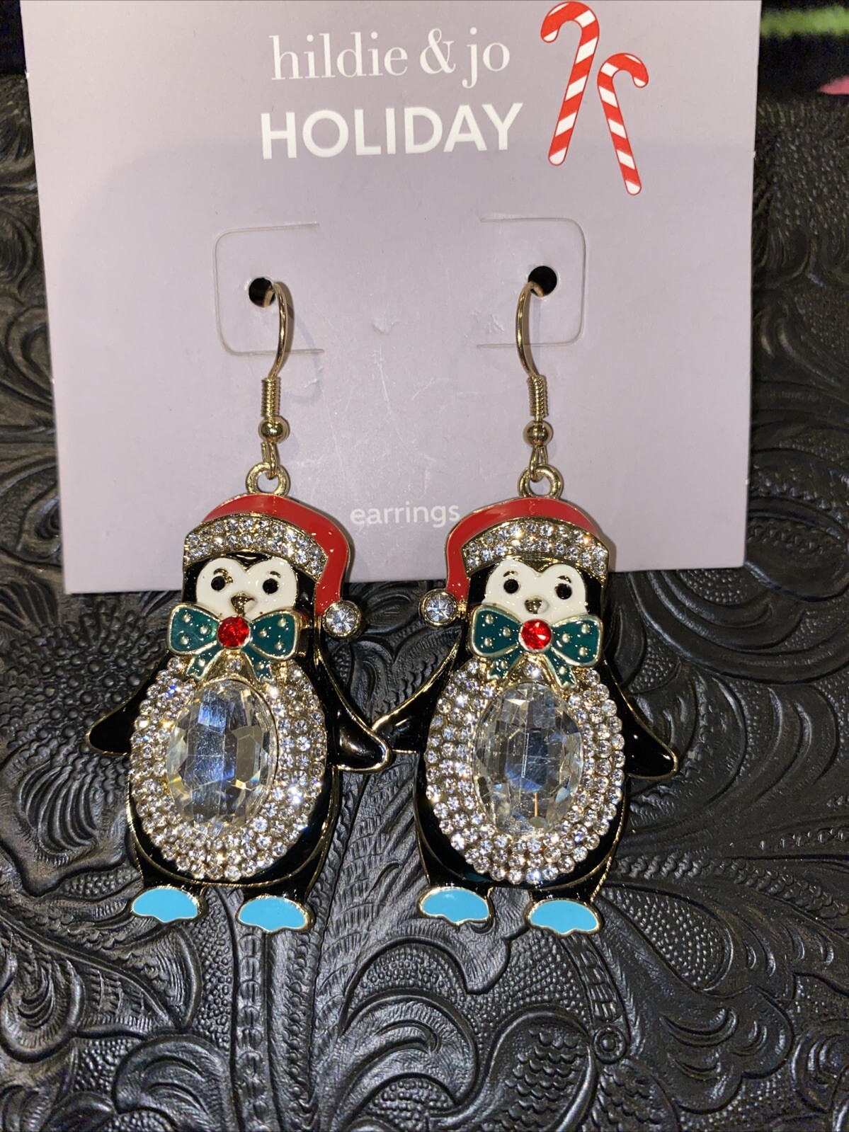 hildie & jo Penguin Earrings Rhinestones French Hook Back Christmas New