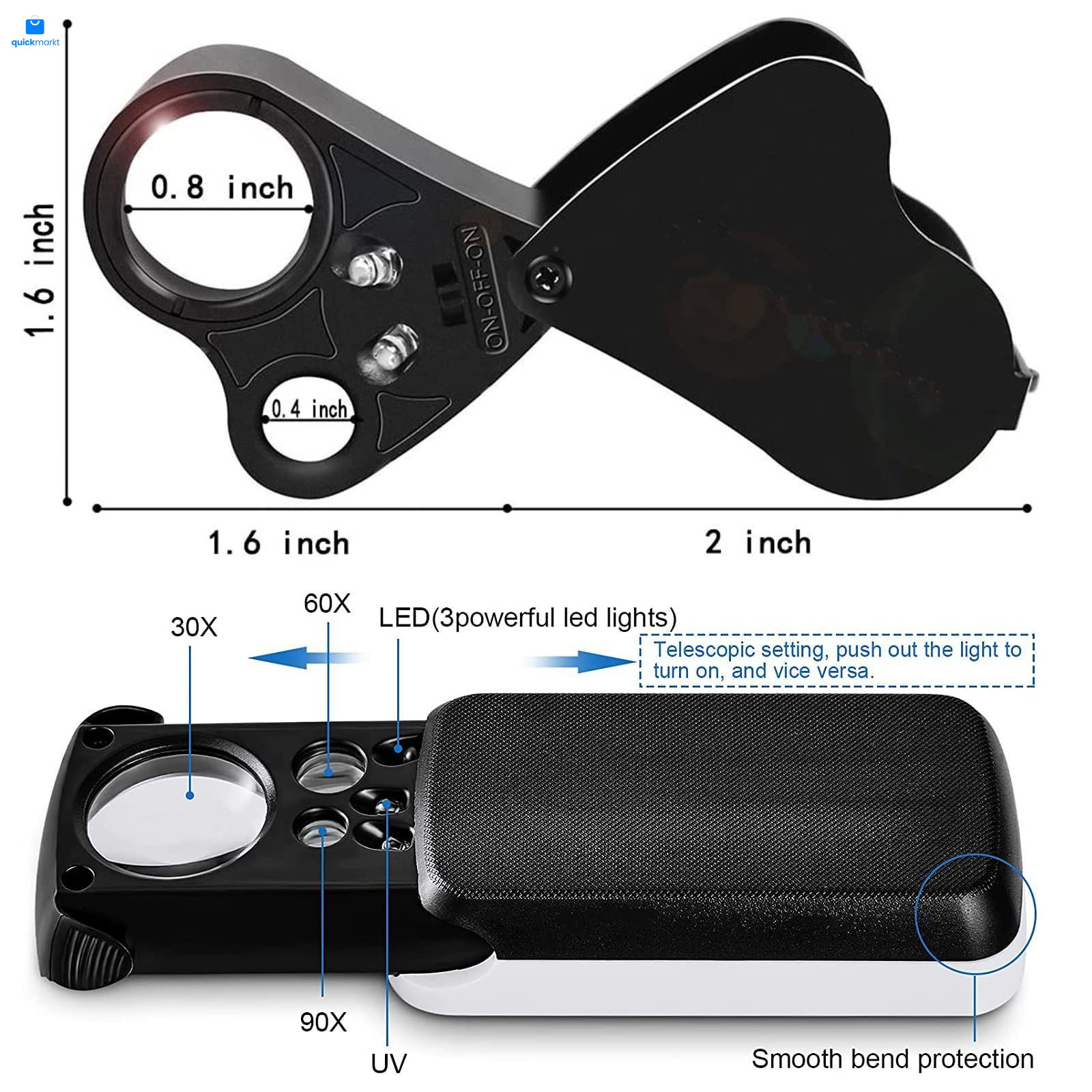 HMKIS Jewelers Loupe, 2 Pack Magnifying Glass with Light, 30X 60X 90X Black