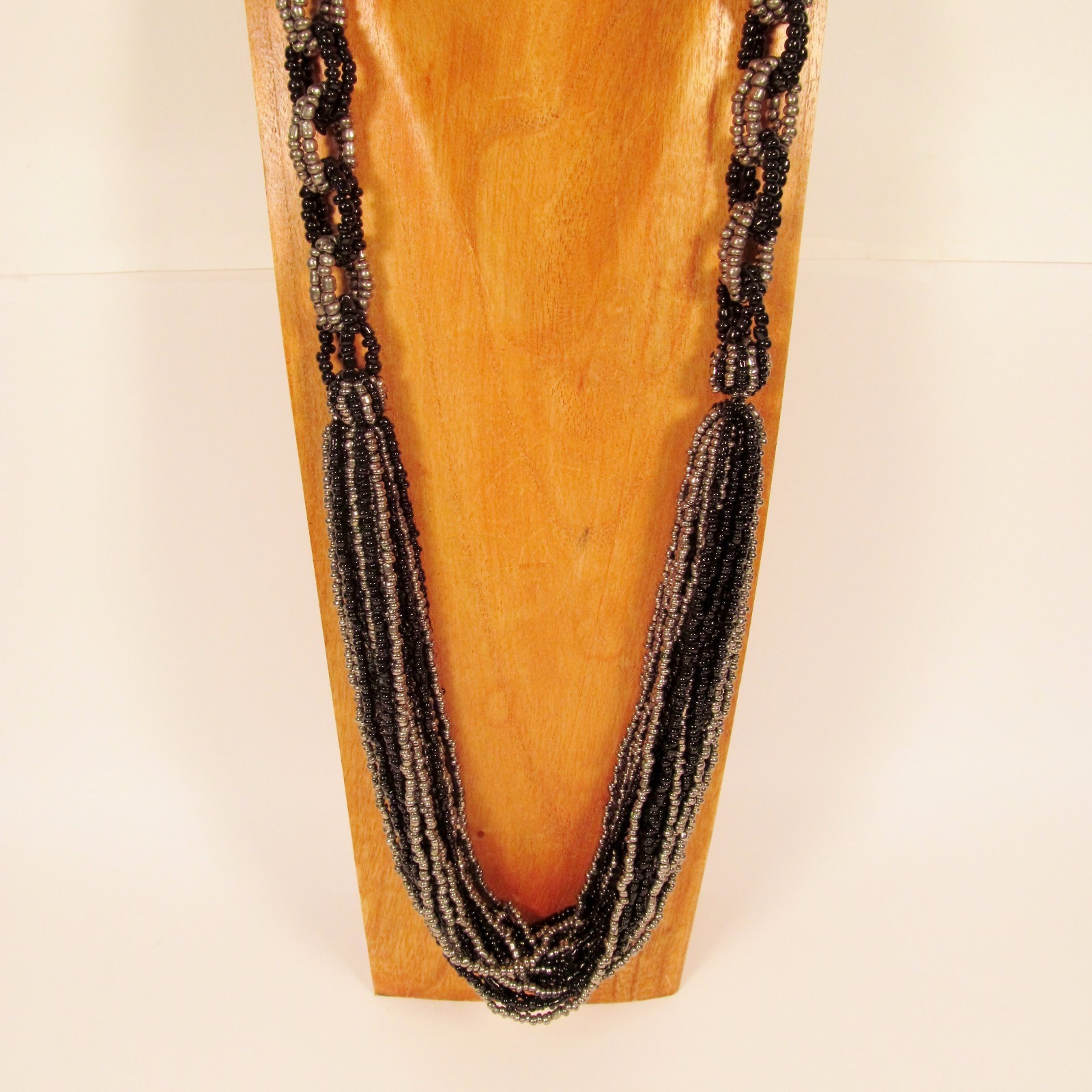 34″ Black Silver Long Multi Strand Boho Handmade Seed Bead Statement Necklace