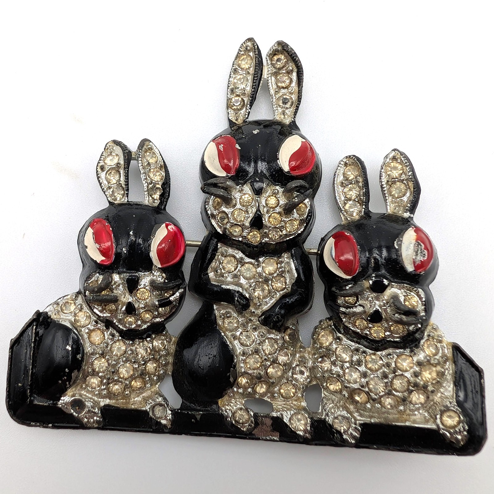 Enamel Bunny Brooch, Pot Metal Rhinestone – Enamel Chips and Missing Rhinestones