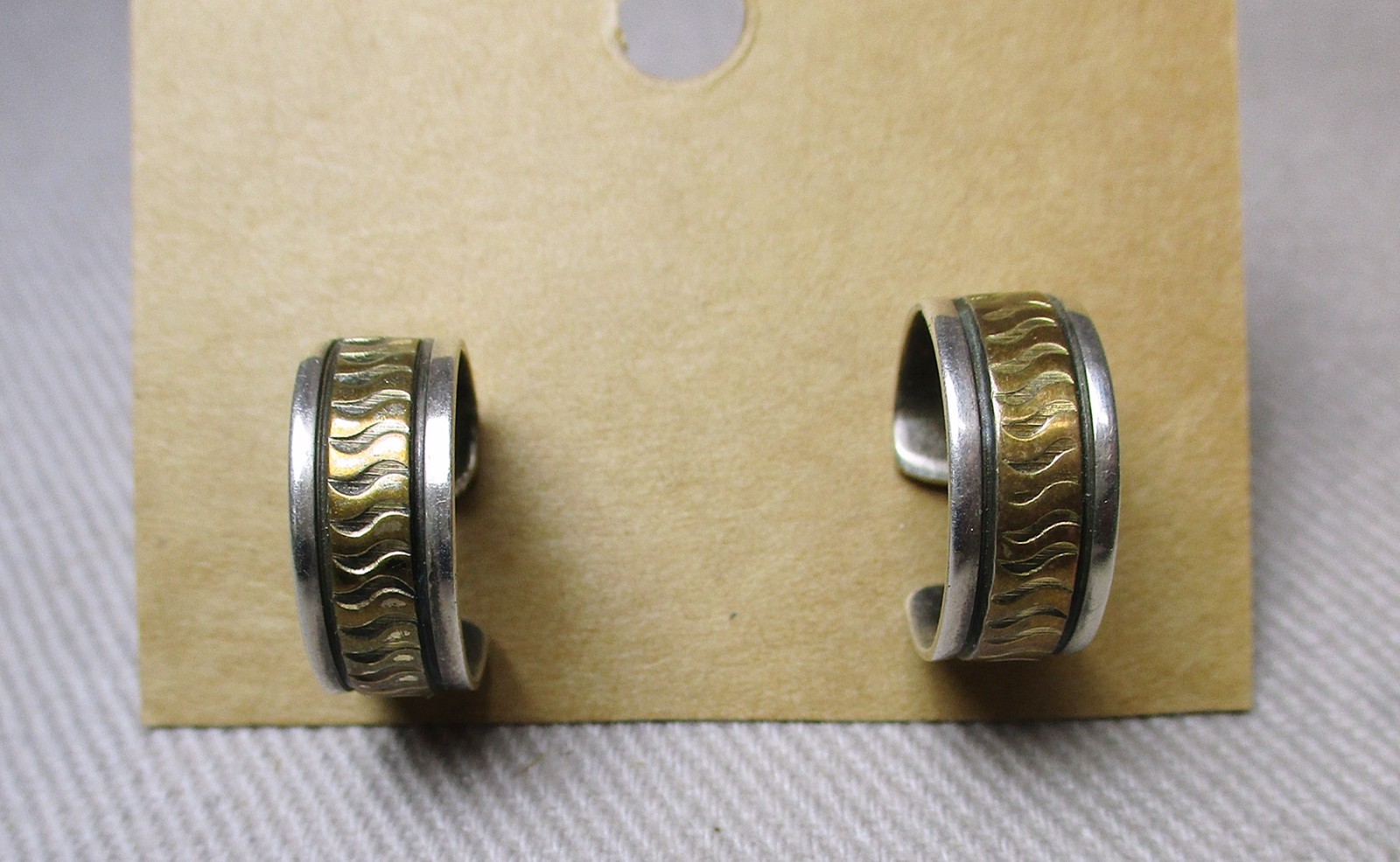 Vintage Brutalist Tooled Sterling & 12K Gold Plate Huggie Loop Earrings