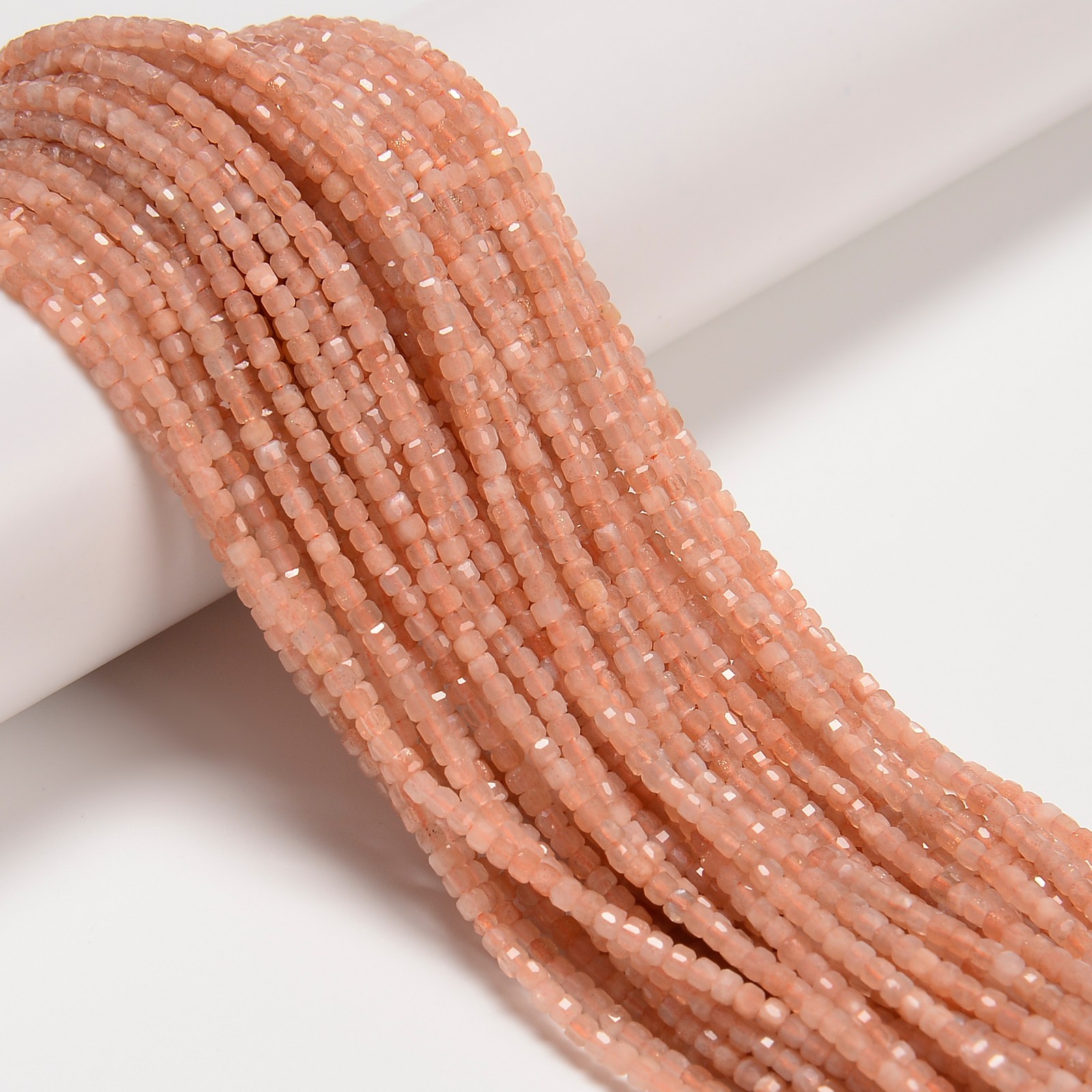 Natural Peach Moonstone Faceted Cube Beads Size 2mm 15.5” Strand