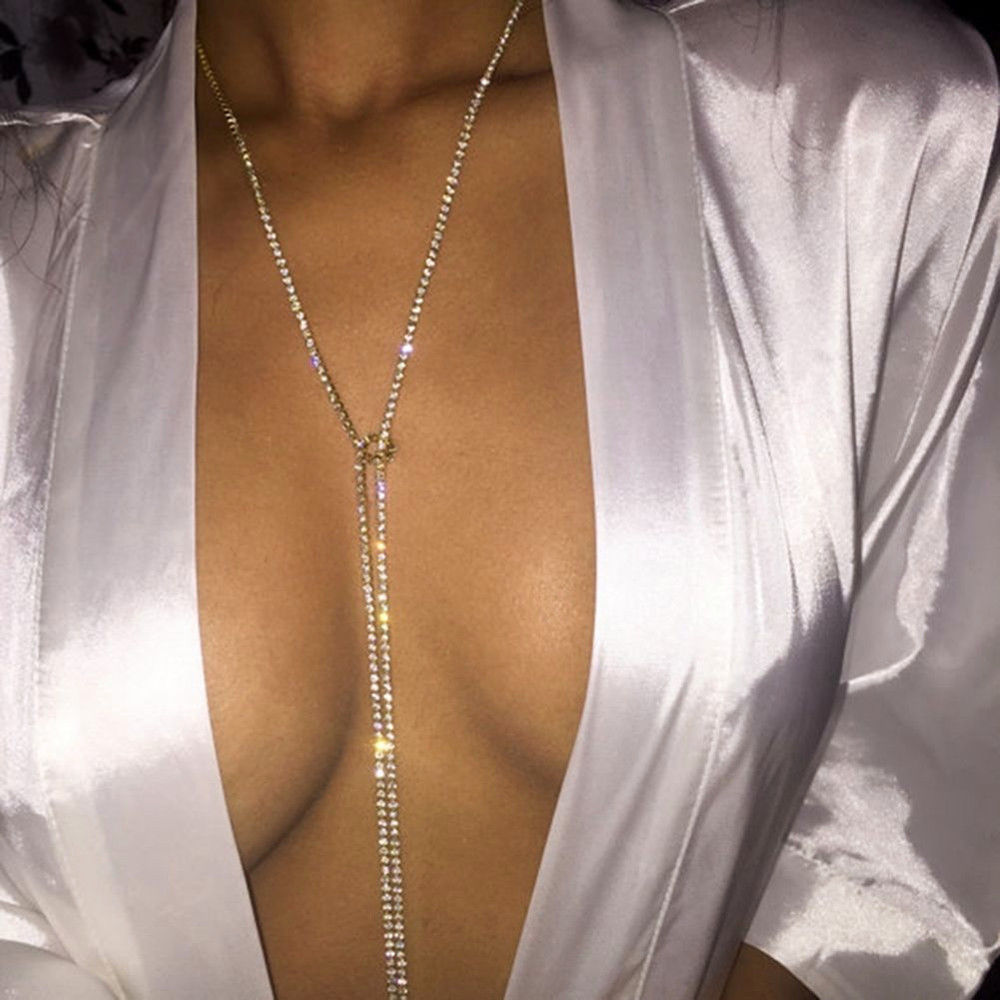 Rhinestone Necklace Lariat Chain Wrap Around Convertible Silver 58in Long Strand