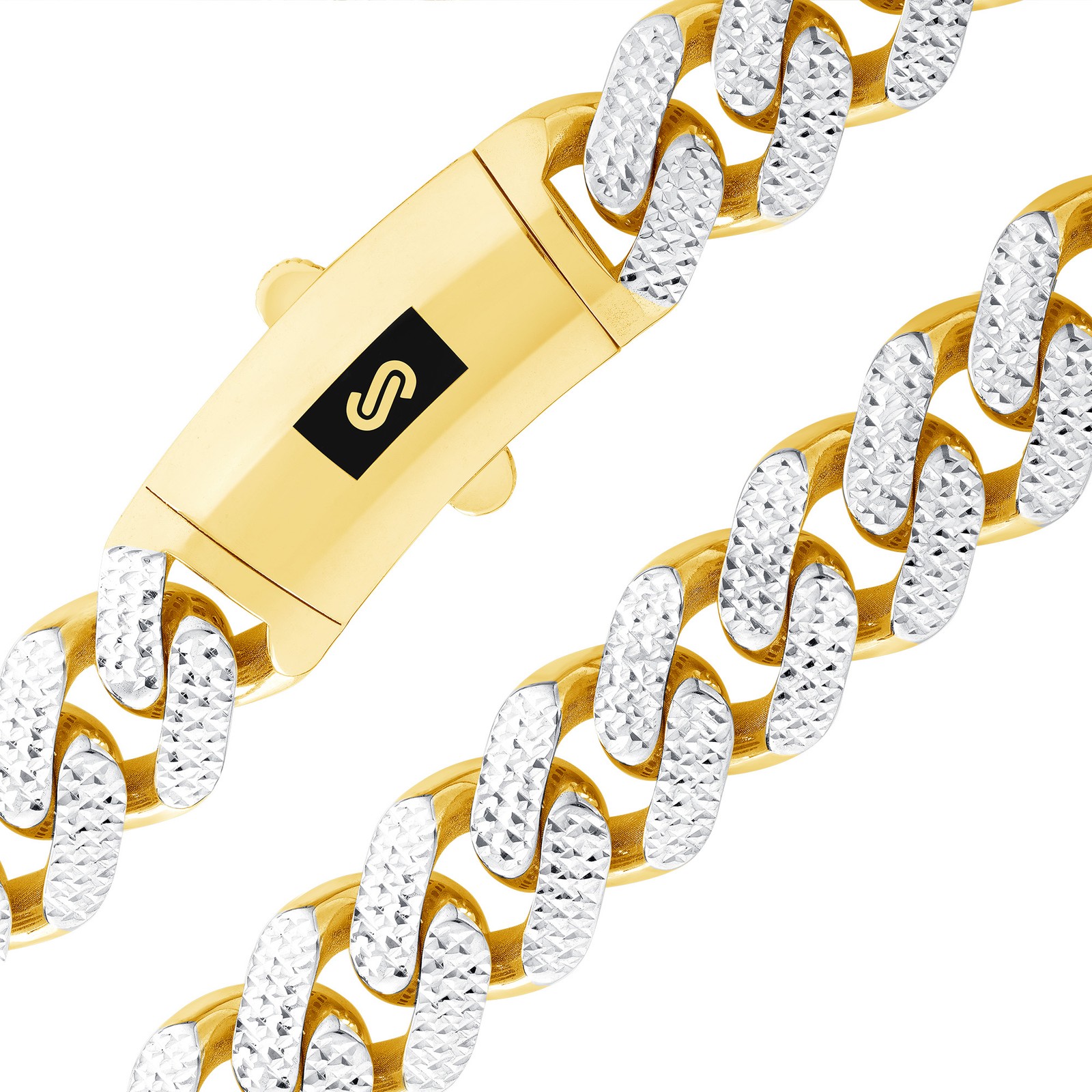 10K Yellow Gold Monaco Miami Cuban Pave Diamond Cut Chain Necklace, 7.5mm- 15mm