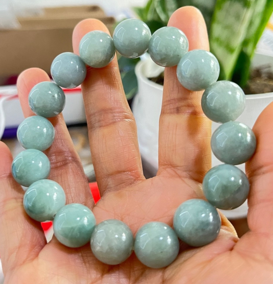 Natural Burmese Jadeite Jade Bead Bracelet 13.4mm-13.9mm Type A Untreated 69.5g)