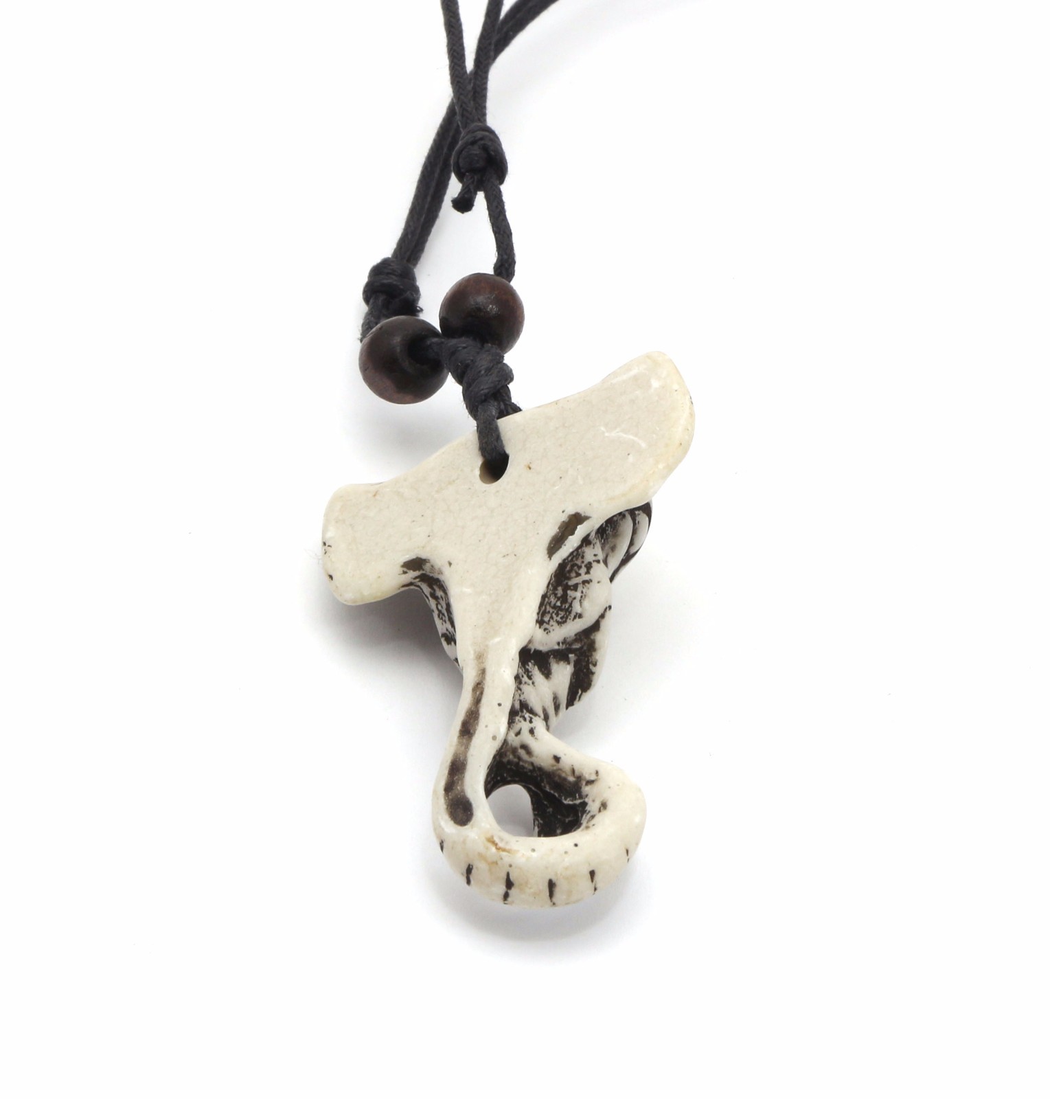 Adjustable Necklace with White Elephant Head Tribal Wood-look Pendant