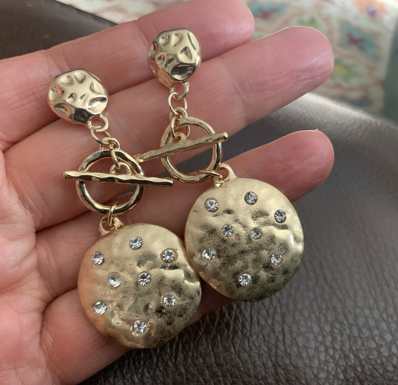 Coin Hammered Earrings Gold Museum Crystal Disc Toggle Statement VTG CZ Boho Art