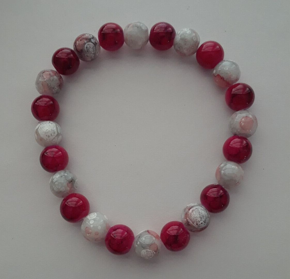 NEW 8MM GRAY/RED MARBLED GLASS BRACELET, BUY ANY 2 GET 3RD FREE