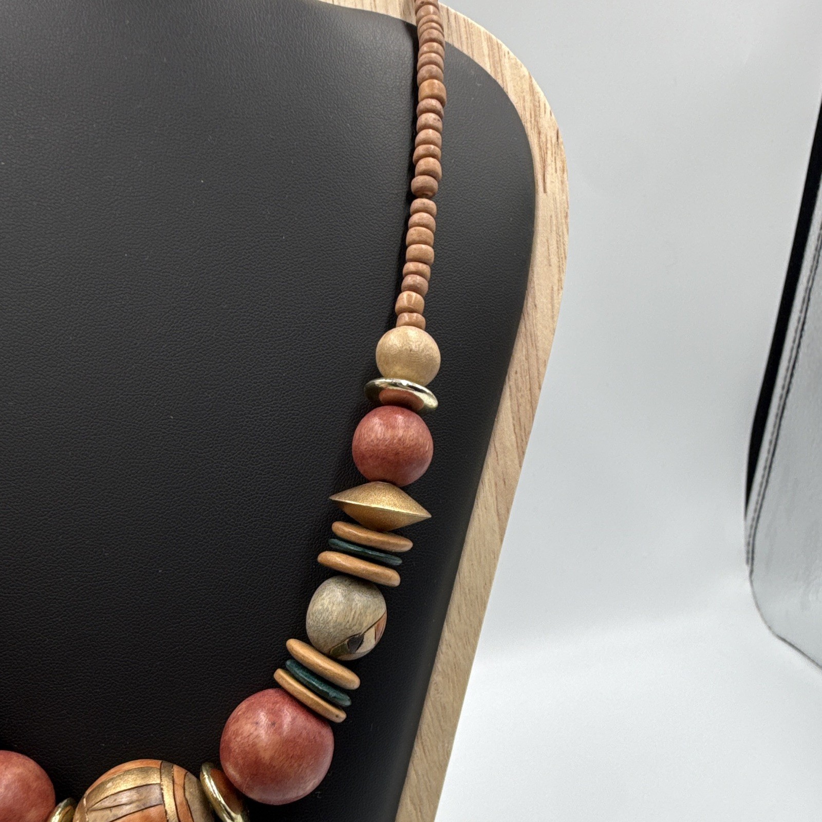 Vintage Boho Wooden Beaded Statement Necklace Earthy Orange Brown Chunky 20”