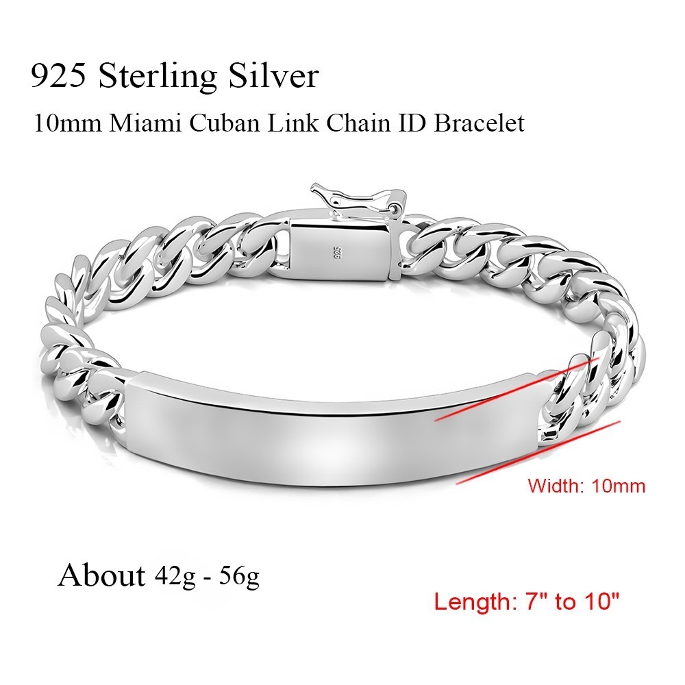 Solid 925 Sterling Silver Italy 10mm Miami Cuban Link Chain ID Bracelet for Men
