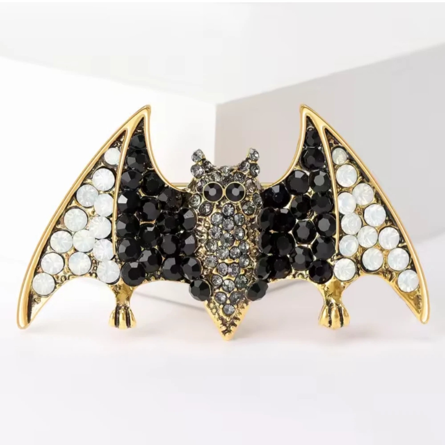 Bat Brooch Pin Gold Tone Metal Black & White Round Rhinestone Crystals