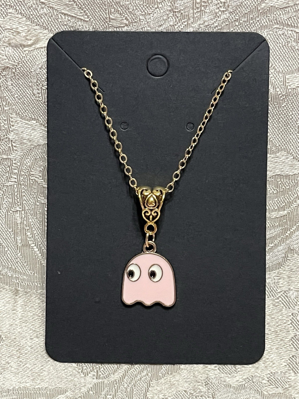 PAC Man PINKY PINK Ghost Gold Enamel Fashion Video Game Novelty 18” Necklace