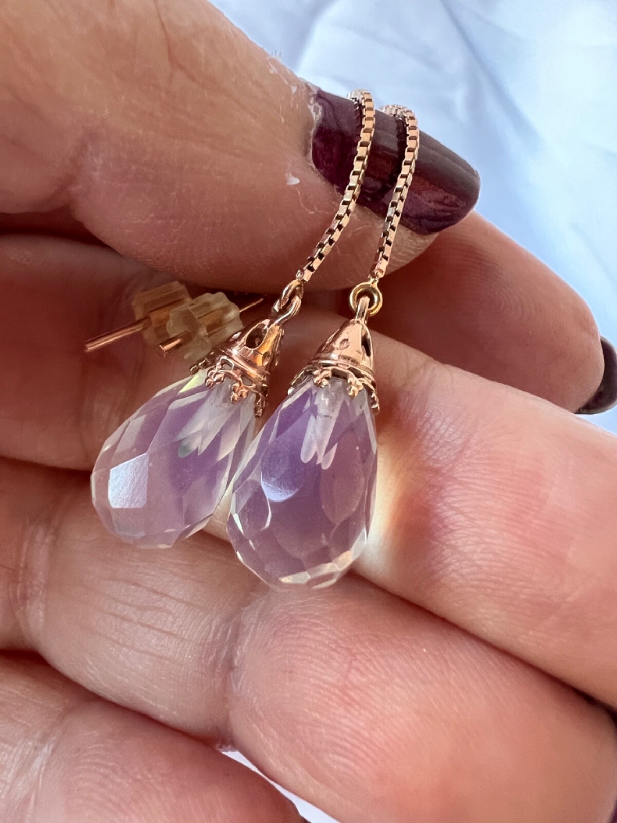 14K PINK ROSE GOLD MOONSTONE THREADER PULL THROUGH CHAIN DANGLE DROP EARRINGS
