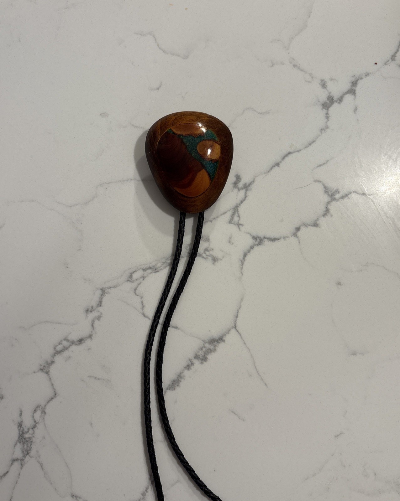 Vintage Southwestern Polychrome Jasper Bolo Tie Braided Leather Cord Silver Tips