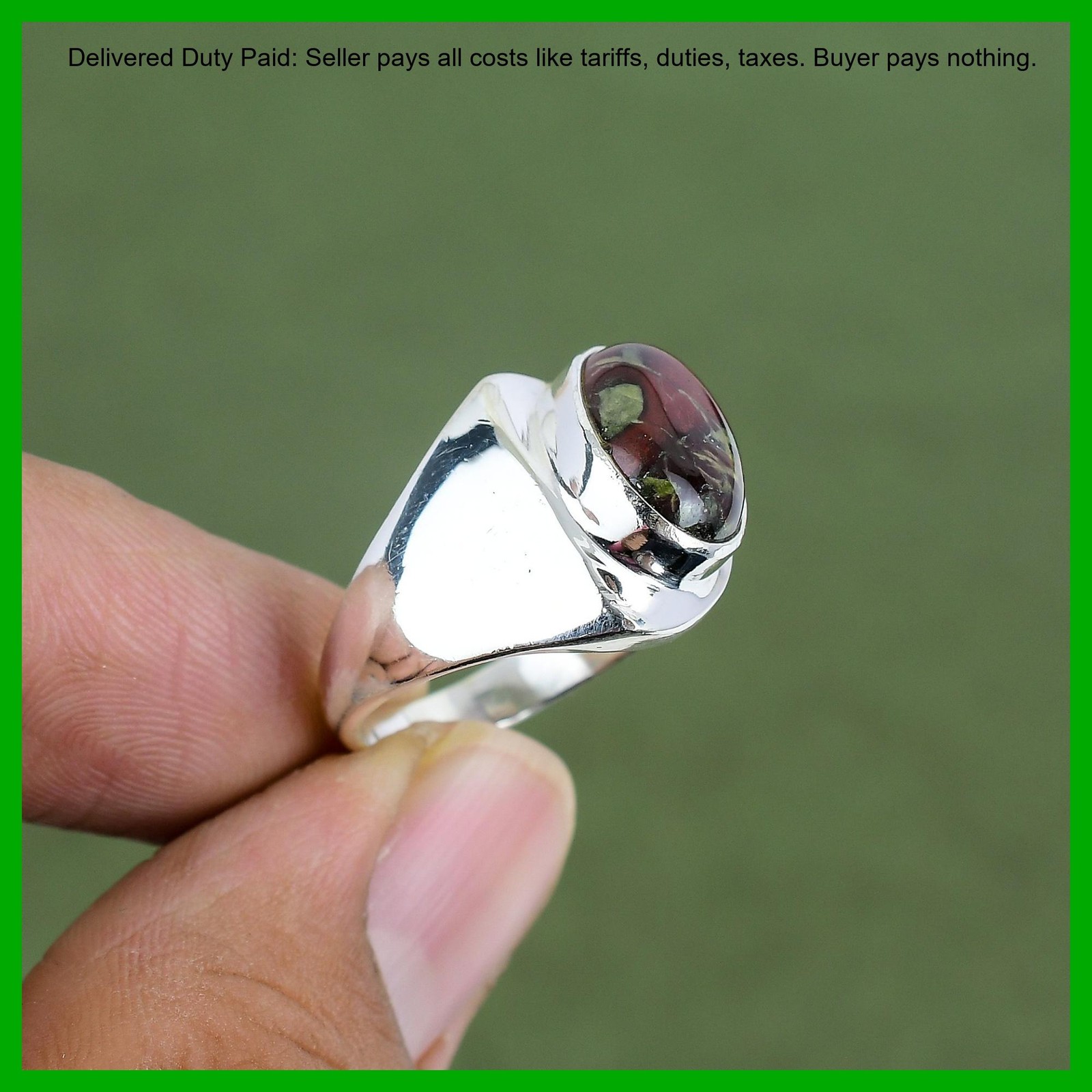 925 Silver Oval Natural Dragon Bloodstone Unique Bezel Artisan Wife Promise Ring
