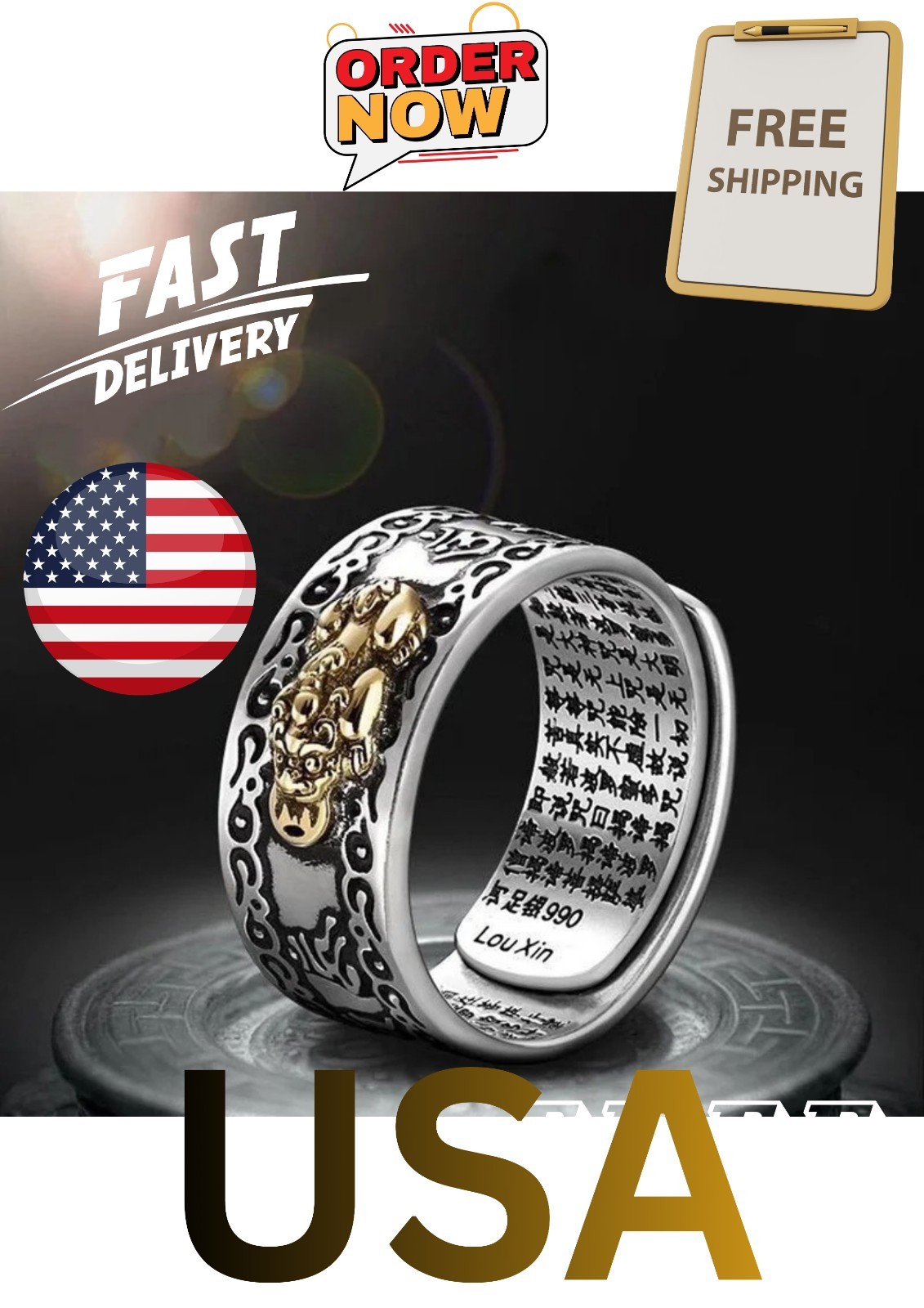 Feng Shui Pixiu Adjustable Ring Silver Plated Buddhist Mantra LuckyAmulet Unisex