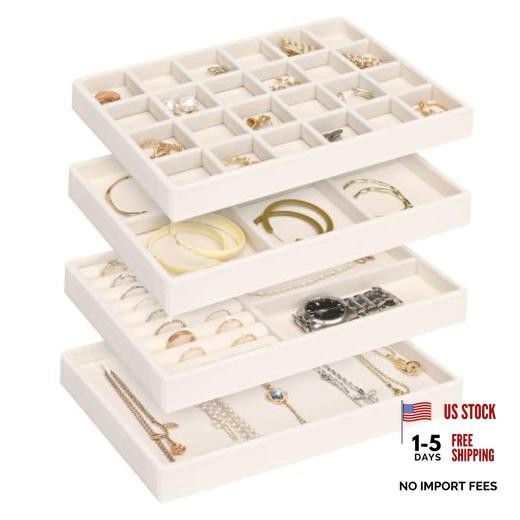 4 Jewelry Organizer Drawer Insert, Stackable Velvet Jewelry Tray beige