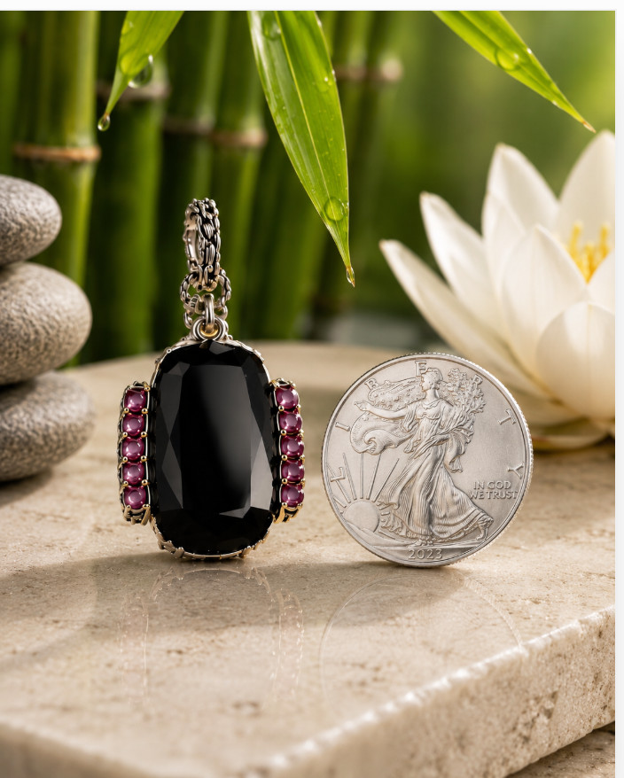 Barbara Bixby Black Onyx Cushion Cabochon Rhodolite Garnet Enhancer 925 18K NIB