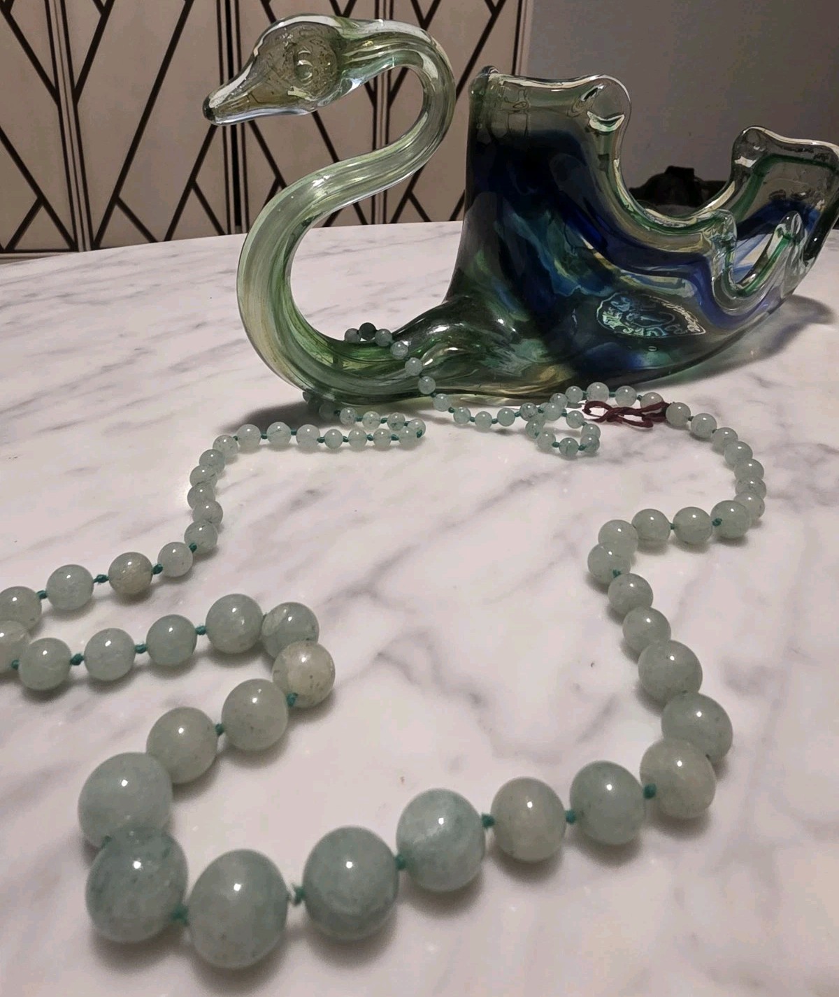 Vintage Green Jade Beaded Necklace Hand Knotted Round Strand Box Clasp Gemstone