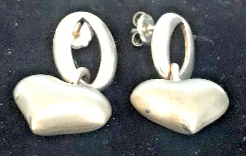 Vintage Sterling Silver Puffy Heart About 1 Inch Drop Earrings