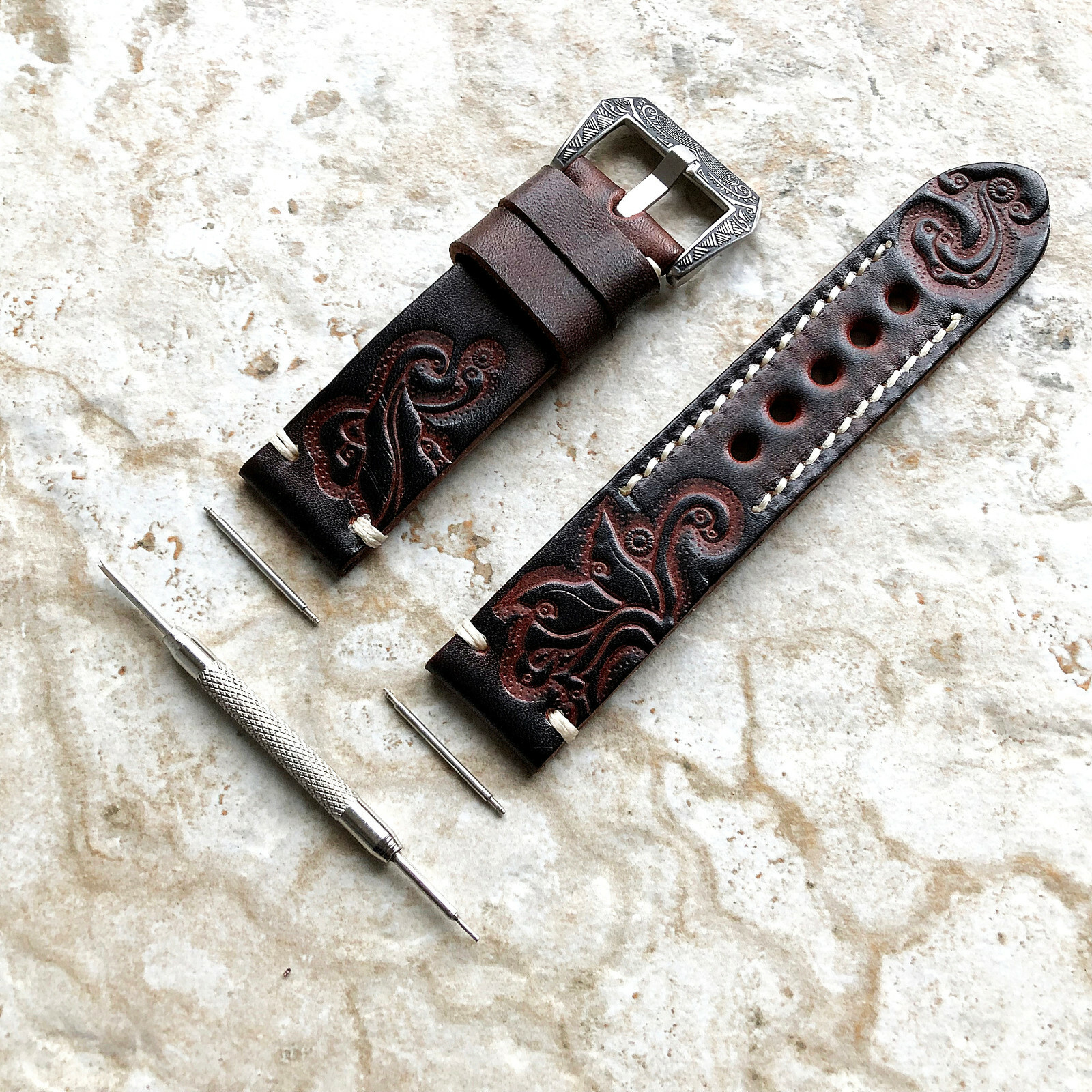 Dark Brown Tooled Band for Samsung Watch 6 5 4 40mm 42mm 43mm 44 45mm 46mm 47mm