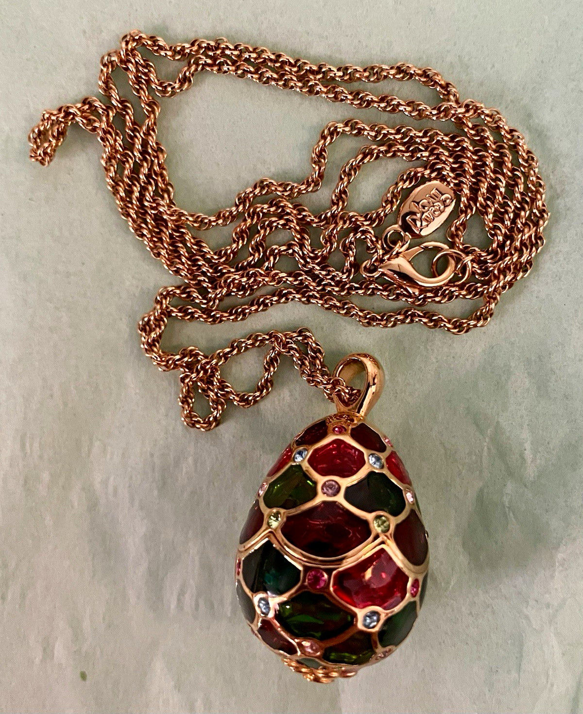 Vintage Joan Rivers Plique-à-Jour Mosaic Stained Glass Egg Pendant Necklace