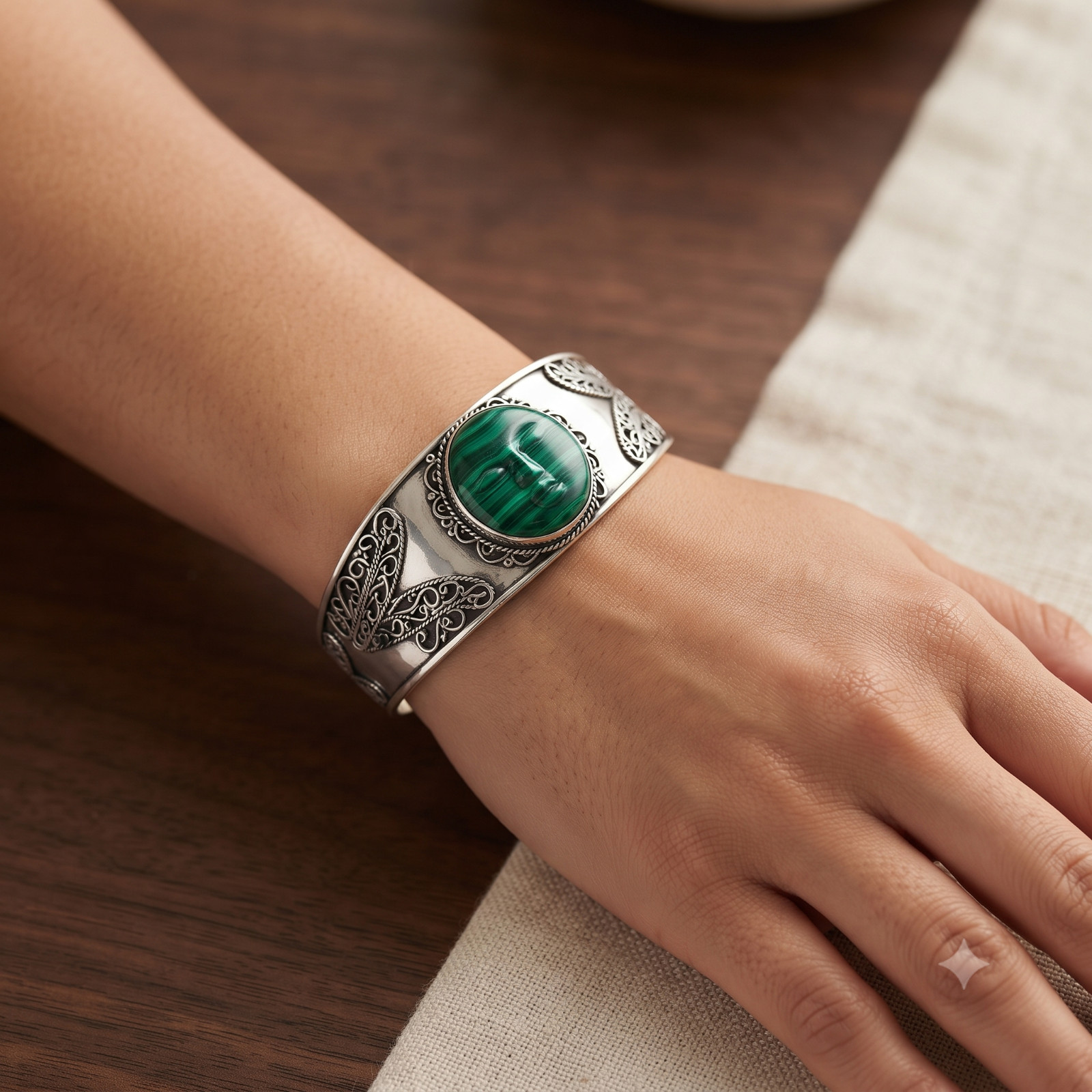 Sterling Silver Natural malachite praying face Art Deco Ethnic New Cuff Bracelet