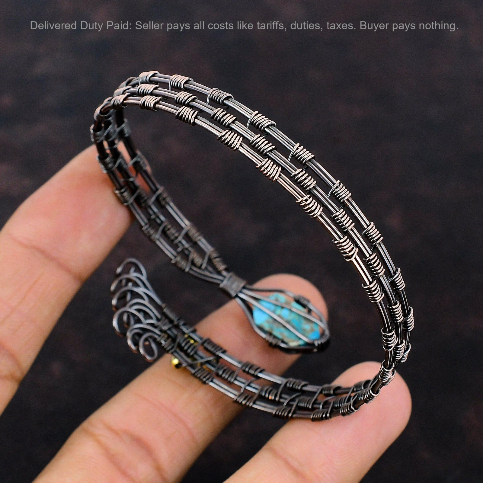 Hexagon Natural Copper Blue Turquoise Sister Wire Wrapped Elegant Bangle Copper