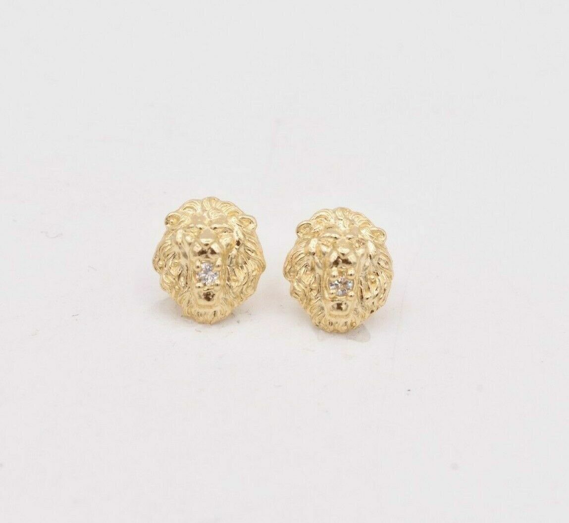 Roaring Lion Head CZ Stud Earrings Real Solid 10K Yellow Gold 2.00 grams
