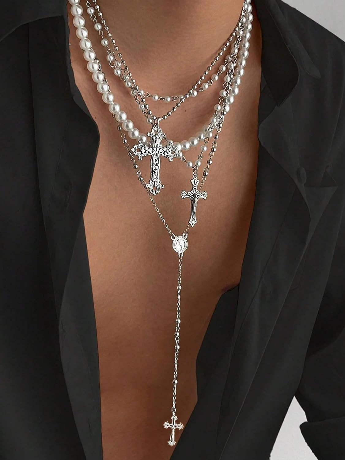 Silver Layered Cross Necklace Set for Women, 4Pcs Pearl Rosary Choker Chunky Chr
