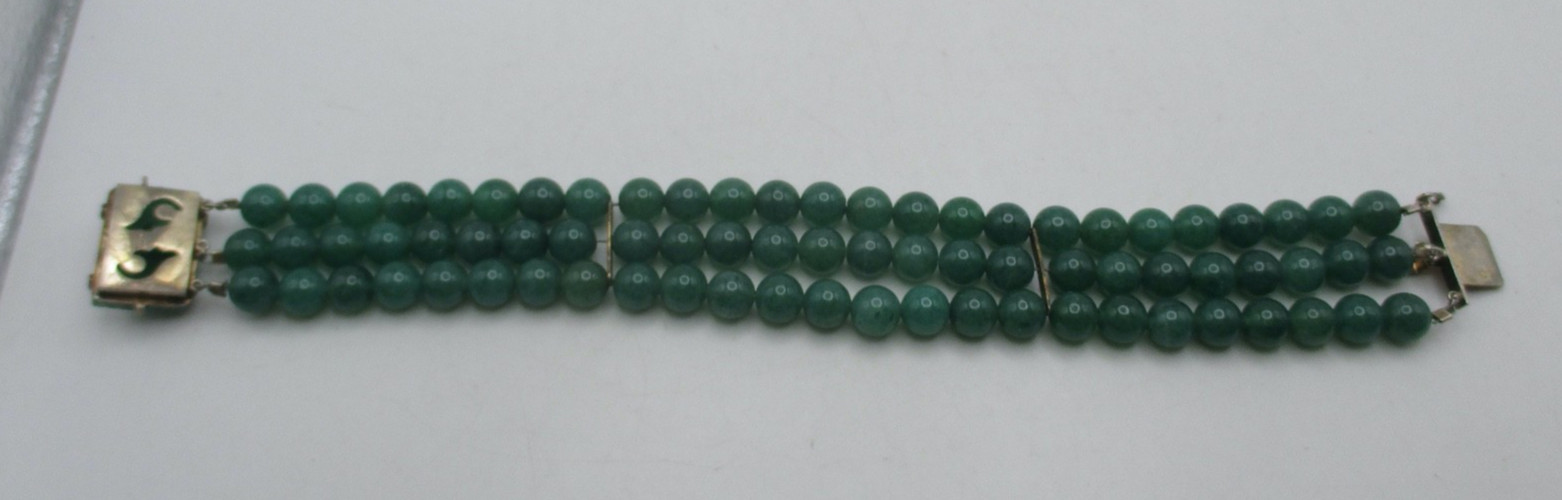 VTG Chinese Export Jade Jadeite 3 Row Beaded Bracelet Carved Flower Clasp Silver